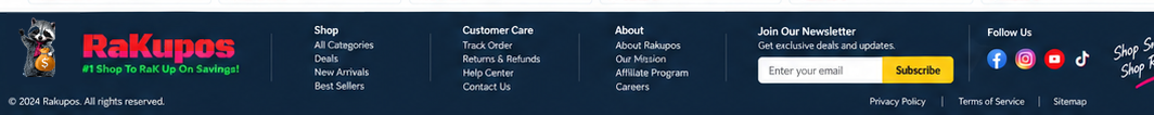 Rakupos footer with shop, customer care, about, newsletter, social and legal information