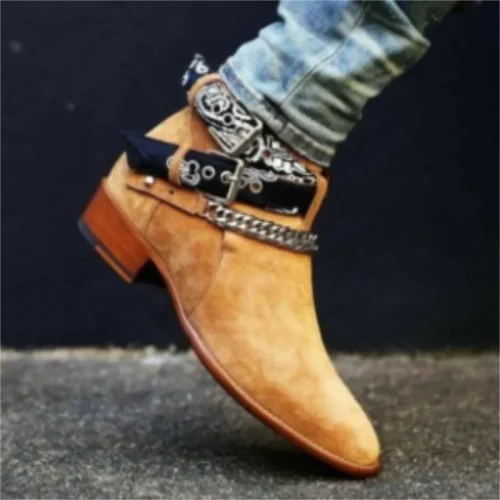 Yellow Black Faux Suede Buckle Strap Mens Harness Boots